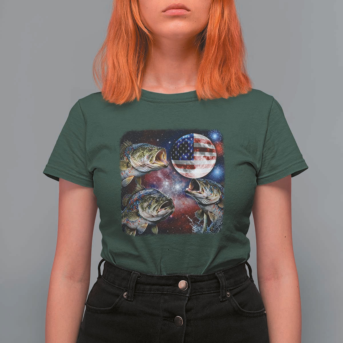 Patriotic Bass Fishing Moon T Shirt For Women 4th Of July Fisherman Gift