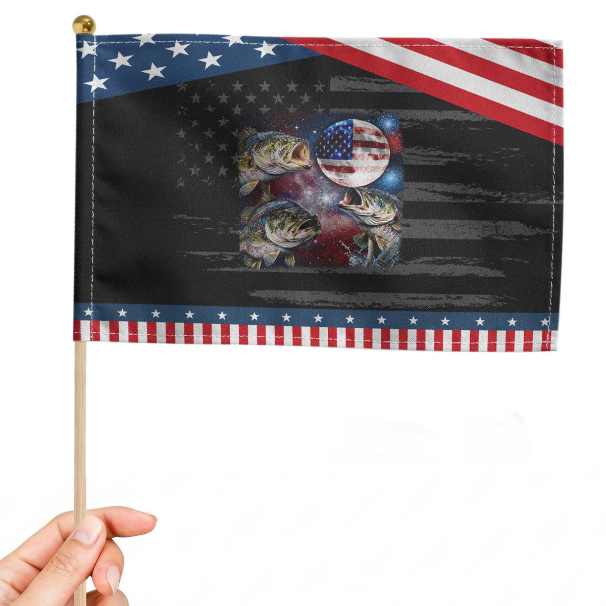 Red White And Blue Bass Fishing Moon Patriotic Handheld Flag 4th Of July Fisherman Gift