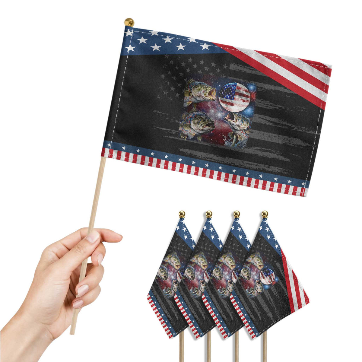 Red White And Blue Bass Fishing Moon Patriotic Handheld Flag 4th Of July Fisherman Gift