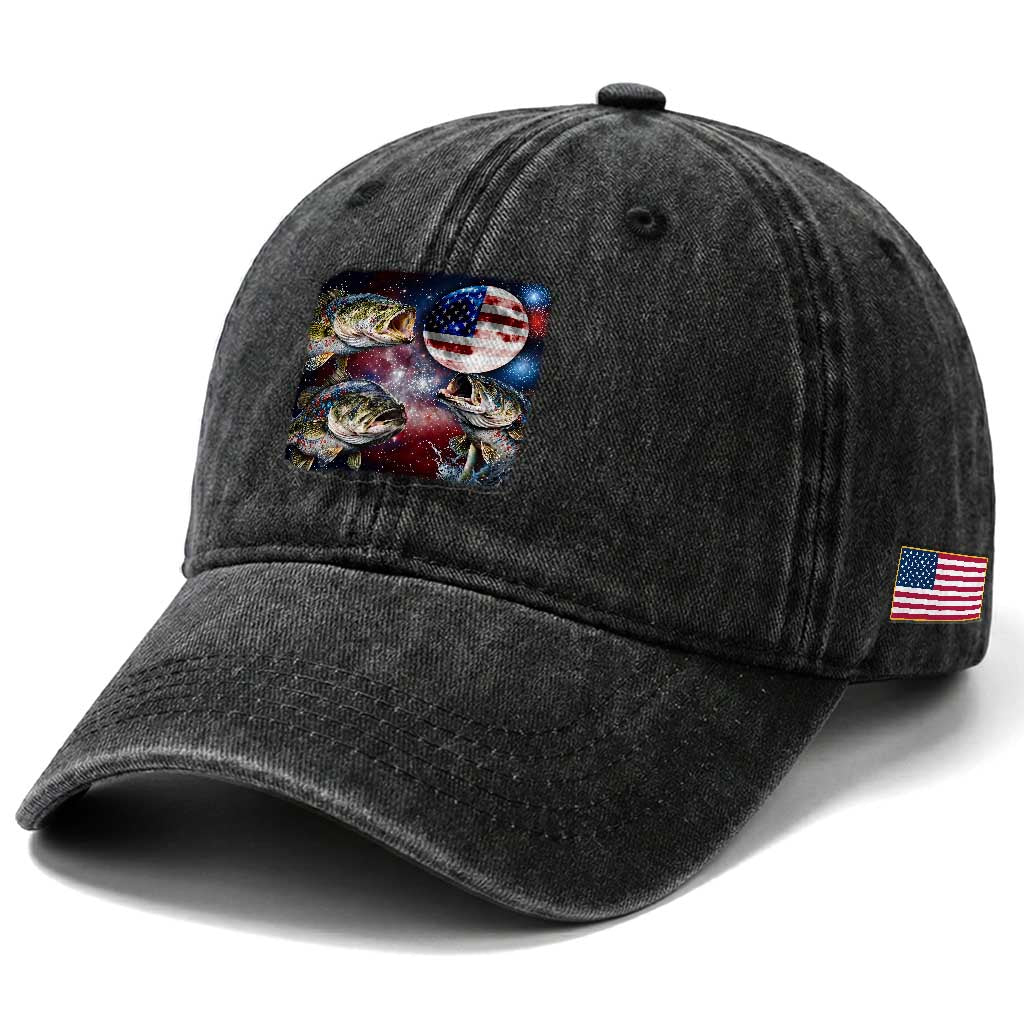Patriotic Bass Fishing Moon Washed Cotton Baseball Cap 4th Of July Fisherman Gift