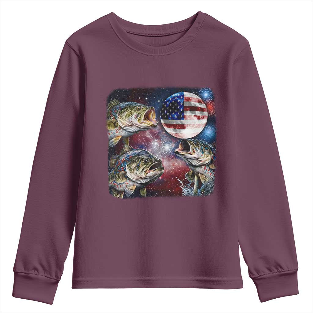 Patriotic Bass Fishing Moon Youth Sweatshirt 4th Of July Fisherman Gift