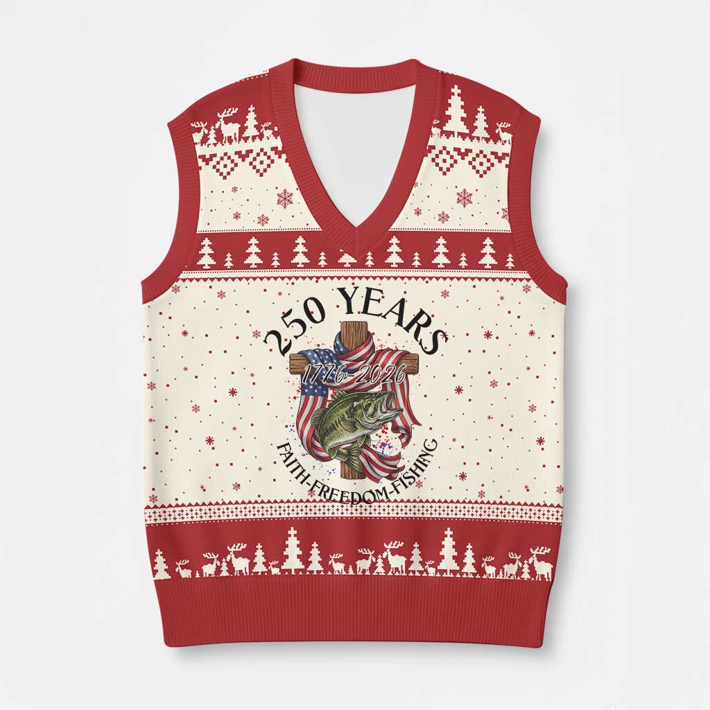 Faith Freedom Fishing V-Neck Knit Sweater Vest 250 Years Of Christian Fish Hunting
