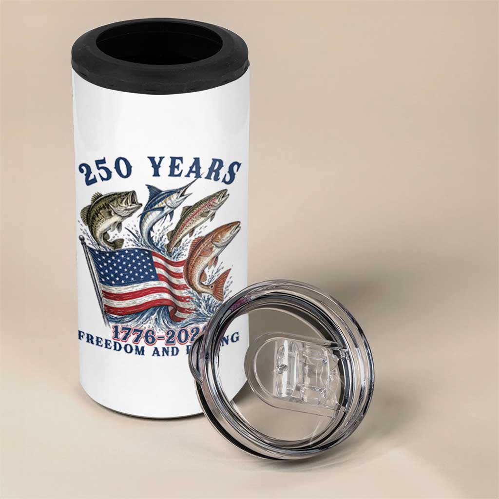 Freedom And Fishing 4 in 1 Can Cooler Tumbler Patriotic American Flag Fisherman Gift