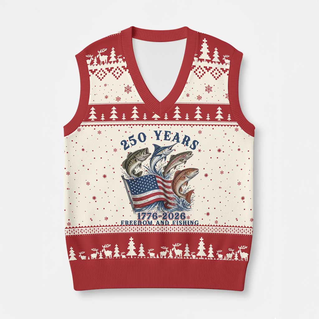 Freedom And Fishing V-Neck Knit Sweater Vest Patriotic American Flag Fisherman Gift