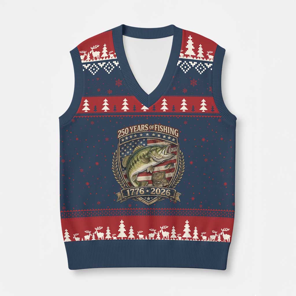 Vintage 250 Years Of Fishing V-Neck Knit Sweater Vest American Flag Fisherman