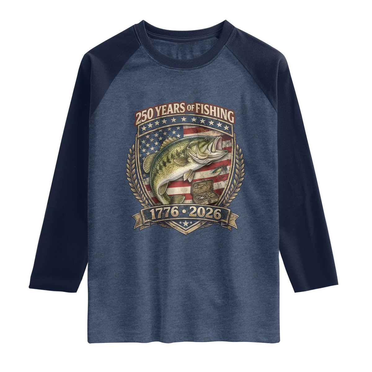 Vintage 250 Years Of Fishing Raglan Shirt American Flag Fisherman