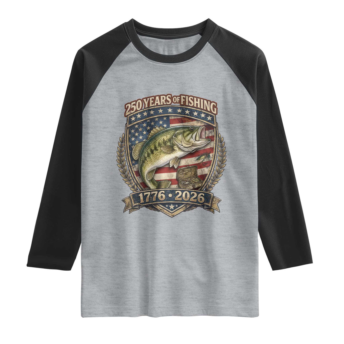 Vintage 250 Years Of Fishing Raglan Shirt American Flag Fisherman