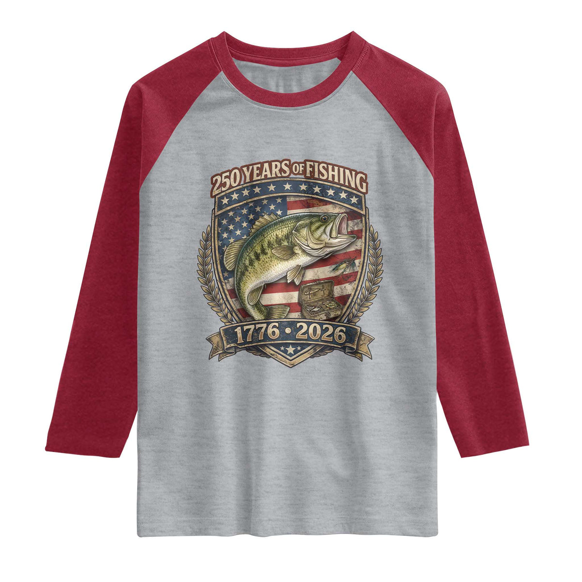 Vintage 250 Years Of Fishing Raglan Shirt American Flag Fisherman