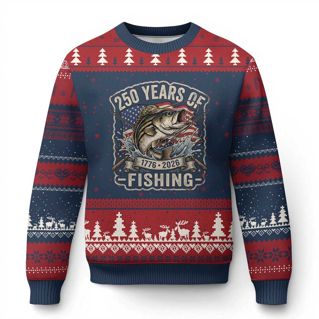 Vintage 250 Years Of Fishing Ugly Christmas Sweater Patriotic Angler