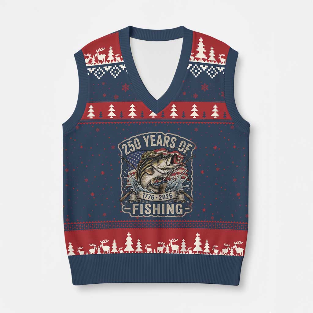 Vintage 250 Years Of Fishing V-Neck Knit Sweater Vest Patriotic Angler