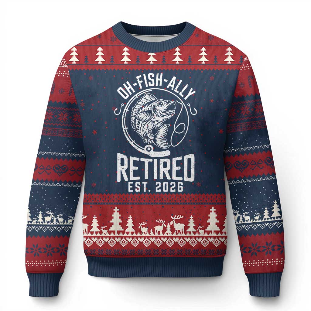 Officially Retired Est 2026 Fishing Ugly Christmas Sweater Funny Fishing Retirement Gift