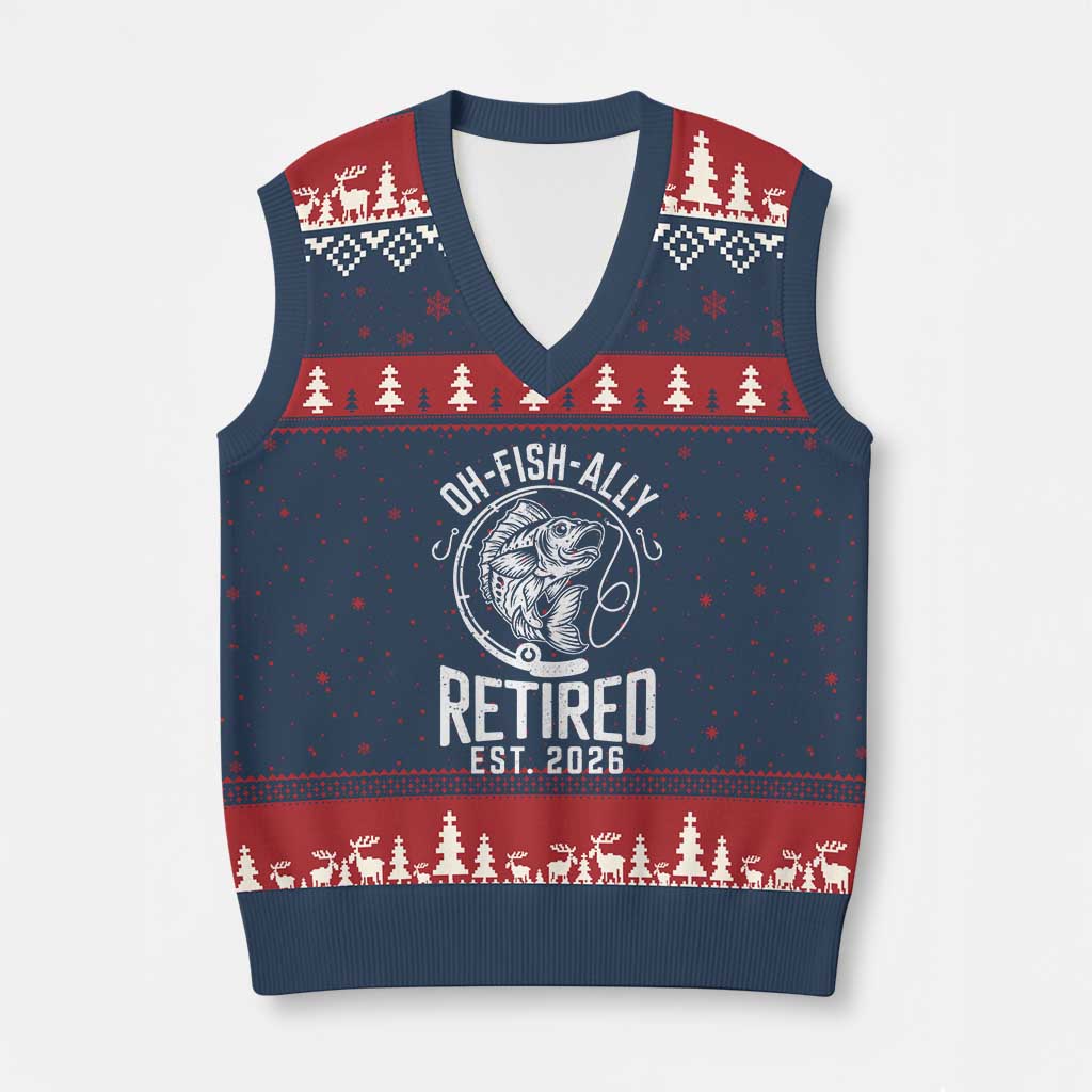 Officially Retired Est 2026 Fishing V-Neck Knit Sweater Vest Funny Fishing Retirement Gift