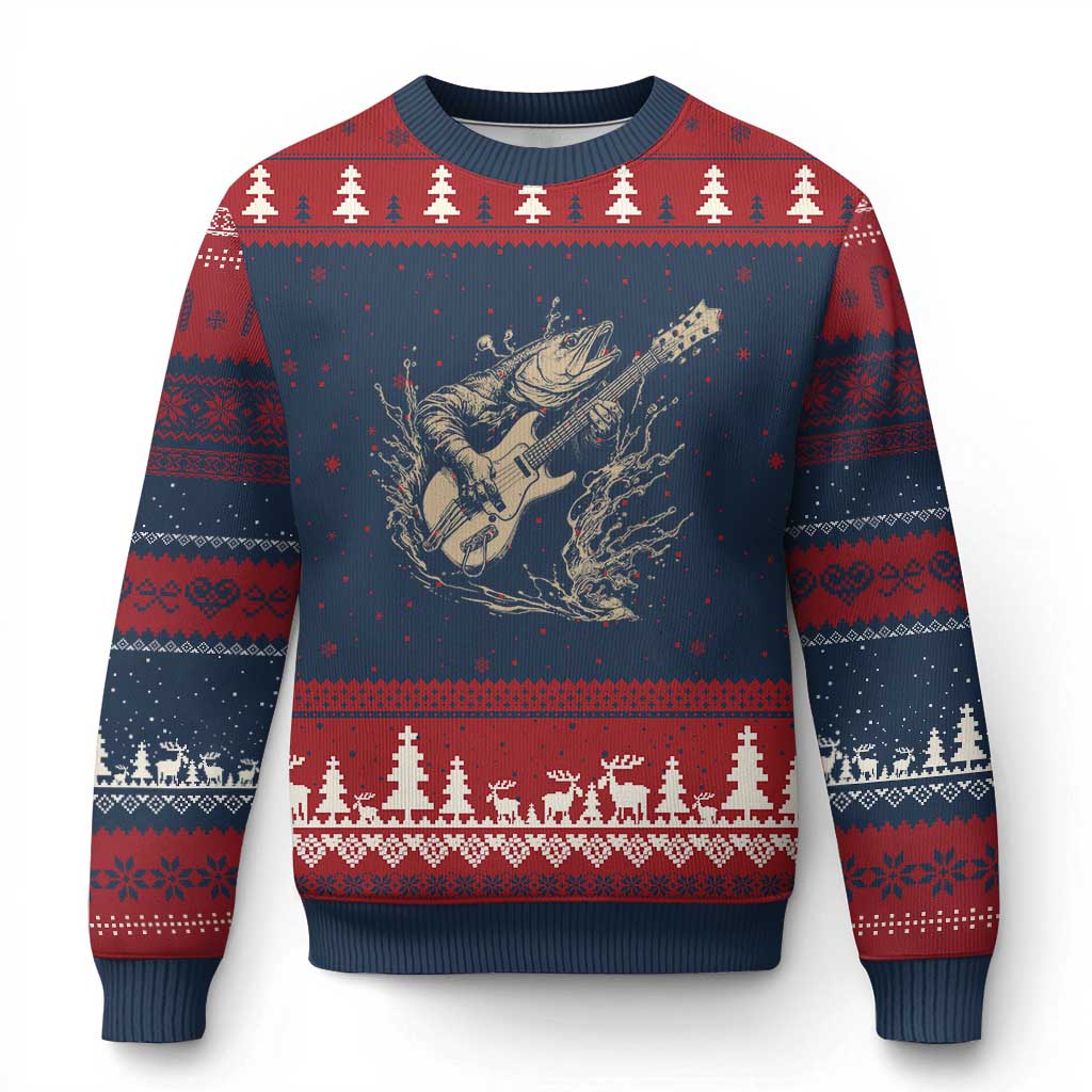 Vintage Trout Playing Guitar Ugly Christmas Sweater Funny Fishing Musician Gift