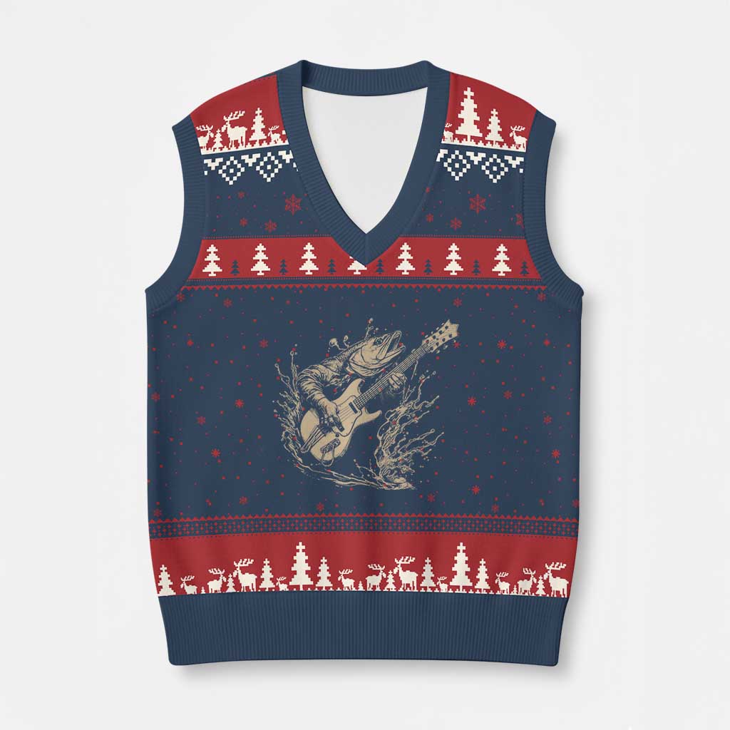 Vintage Trout Playing Guitar V-Neck Knit Sweater Vest Funny Fishing Musician Gift