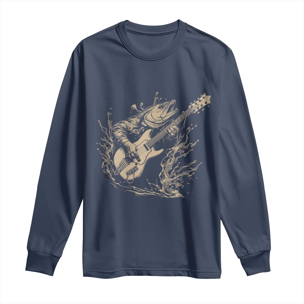 Vintage Trout Playing Guitar Long Sleeve Shirt Funny Fishing Musician Gift