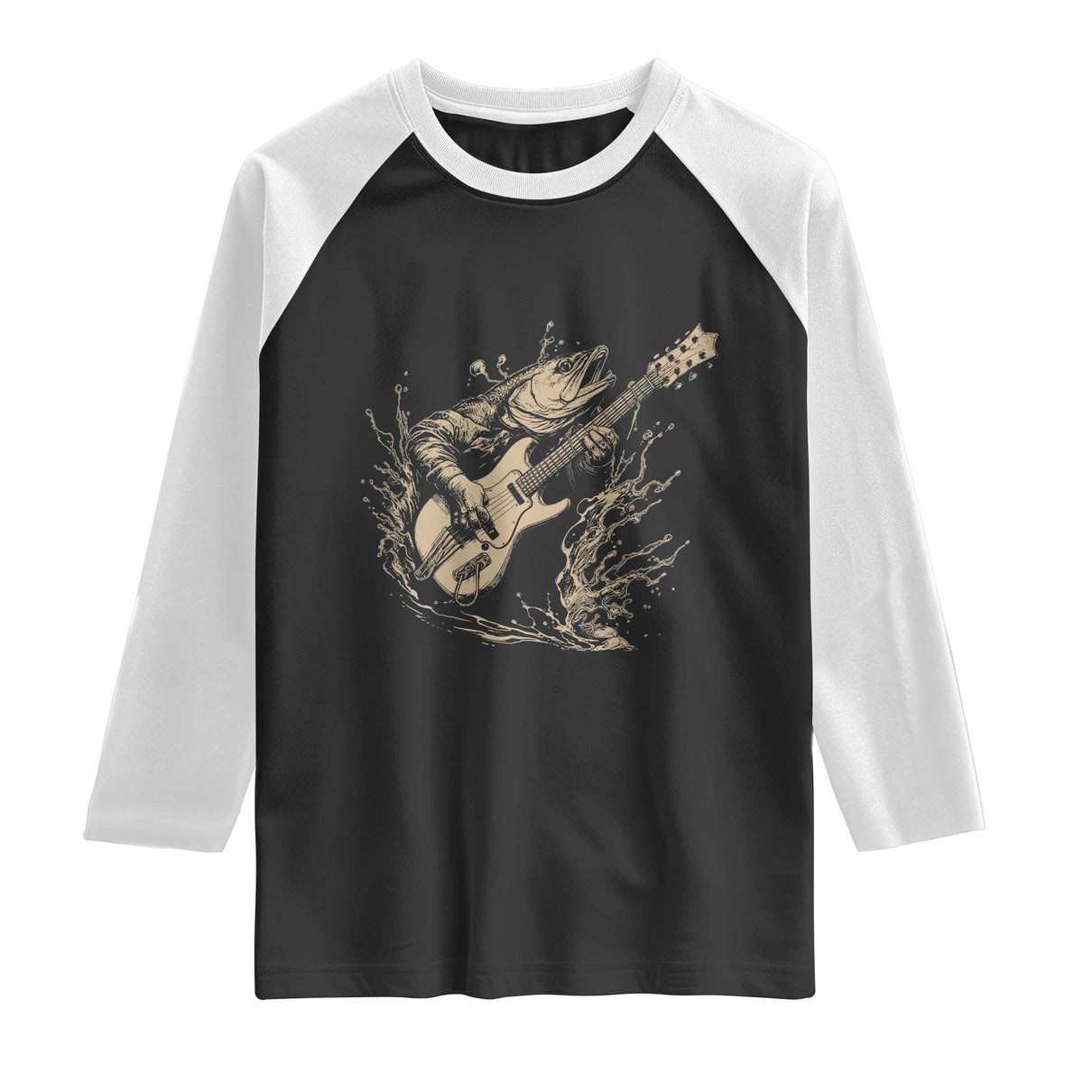 Vintage Trout Playing Guitar Raglan Shirt Funny Fishing Musician Gift