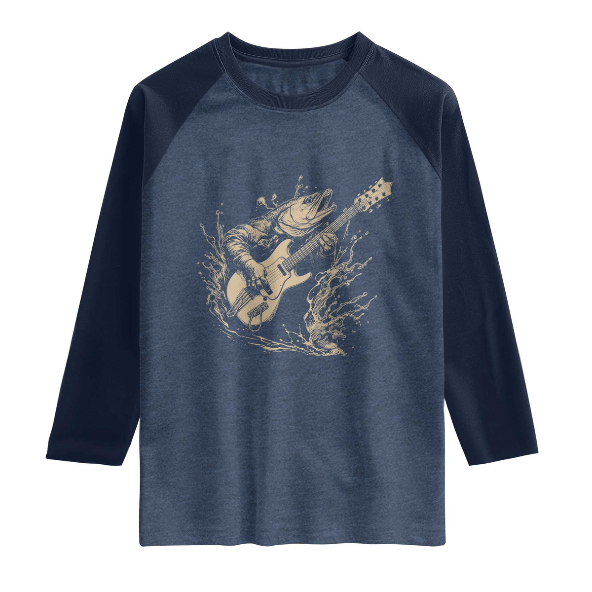 Vintage Trout Playing Guitar Raglan Shirt Funny Fishing Musician Gift