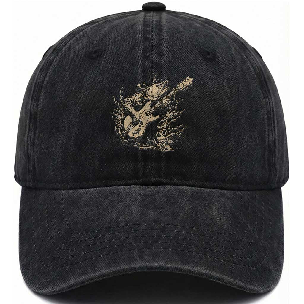 Vintage Trout Playing Guitar Washed Cotton Baseball Cap Funny Fishing Musician Gift