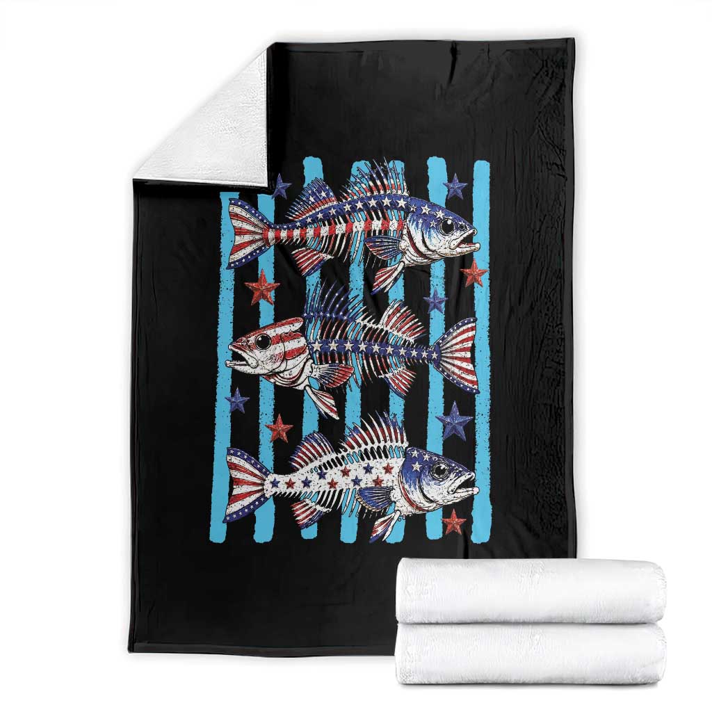 Patriotic Striped Bass Fishing Skeleton Throw Blanket USA Flag Angler Gift