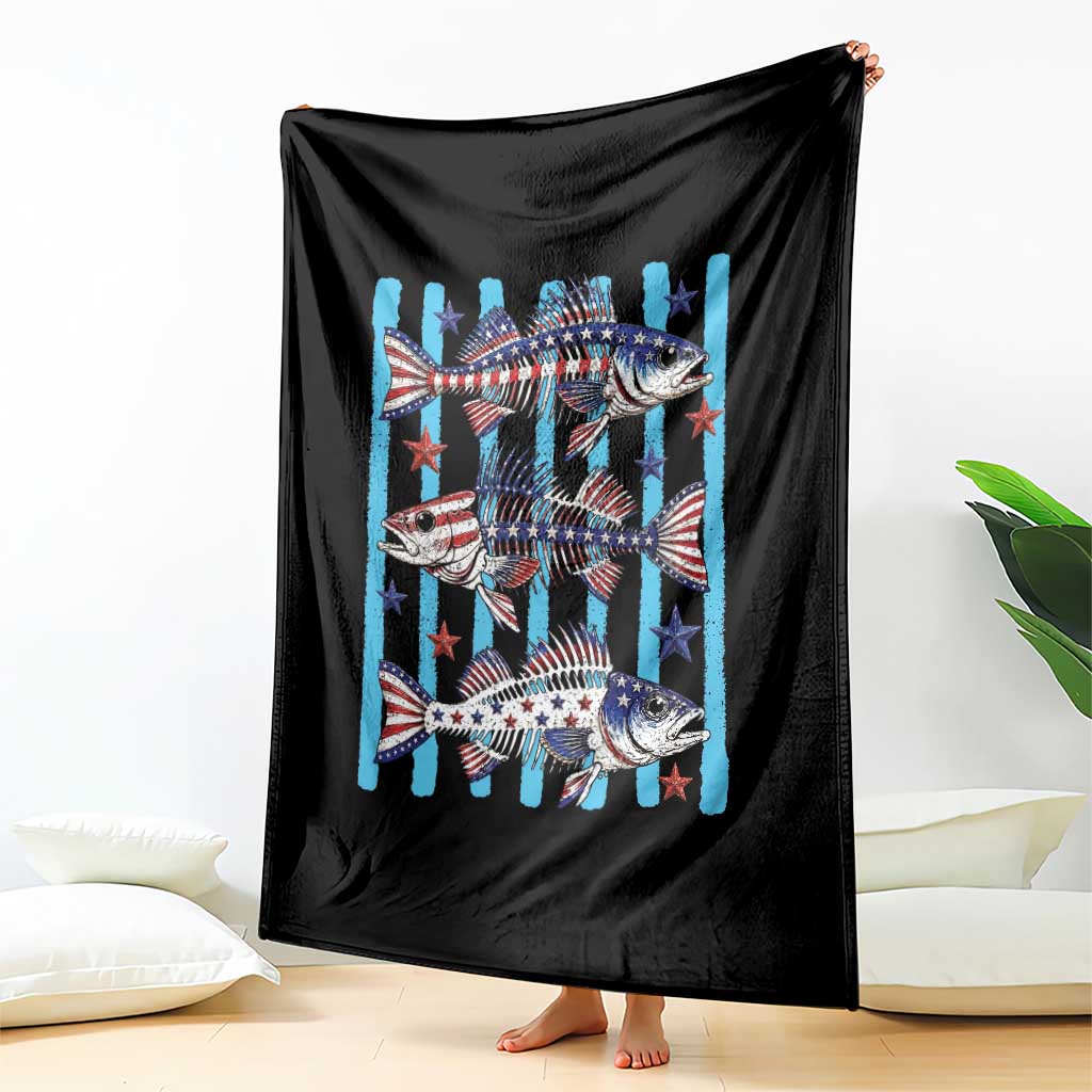 Patriotic Striped Bass Fishing Skeleton Throw Blanket USA Flag Angler Gift