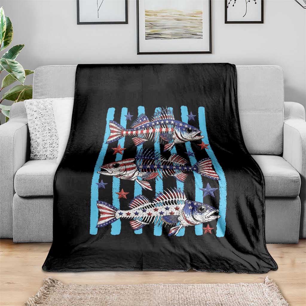 Patriotic Striped Bass Fishing Skeleton Throw Blanket USA Flag Angler Gift