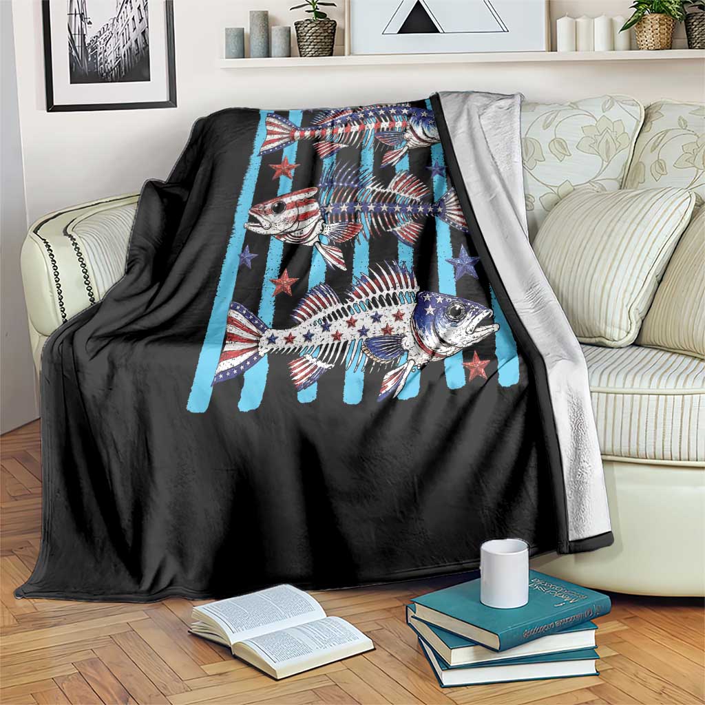 Patriotic Striped Bass Fishing Skeleton Throw Blanket USA Flag Angler Gift