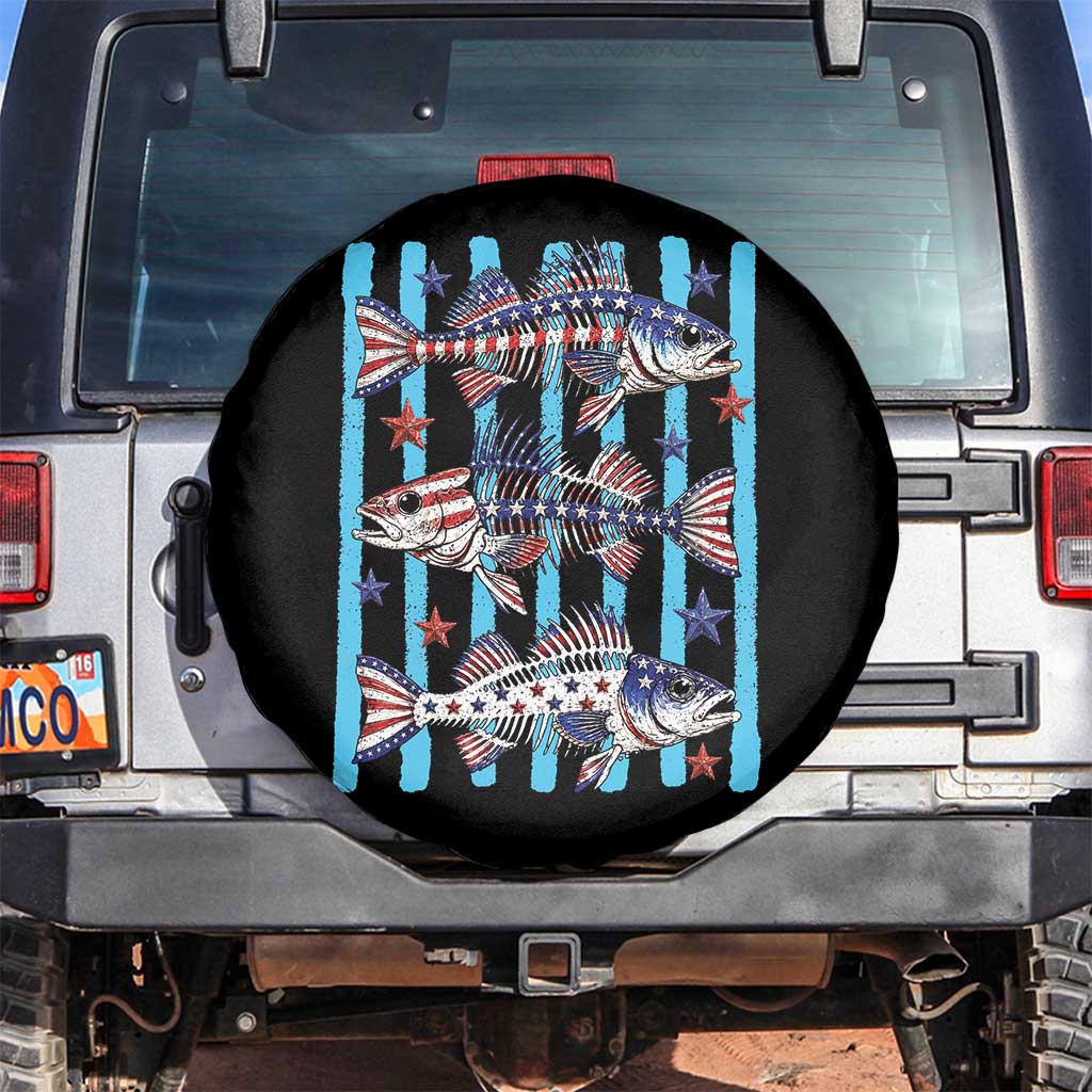 Patriotic Striped Bass Fishing Skeleton Spare Tire Cover USA Flag Angler Gift