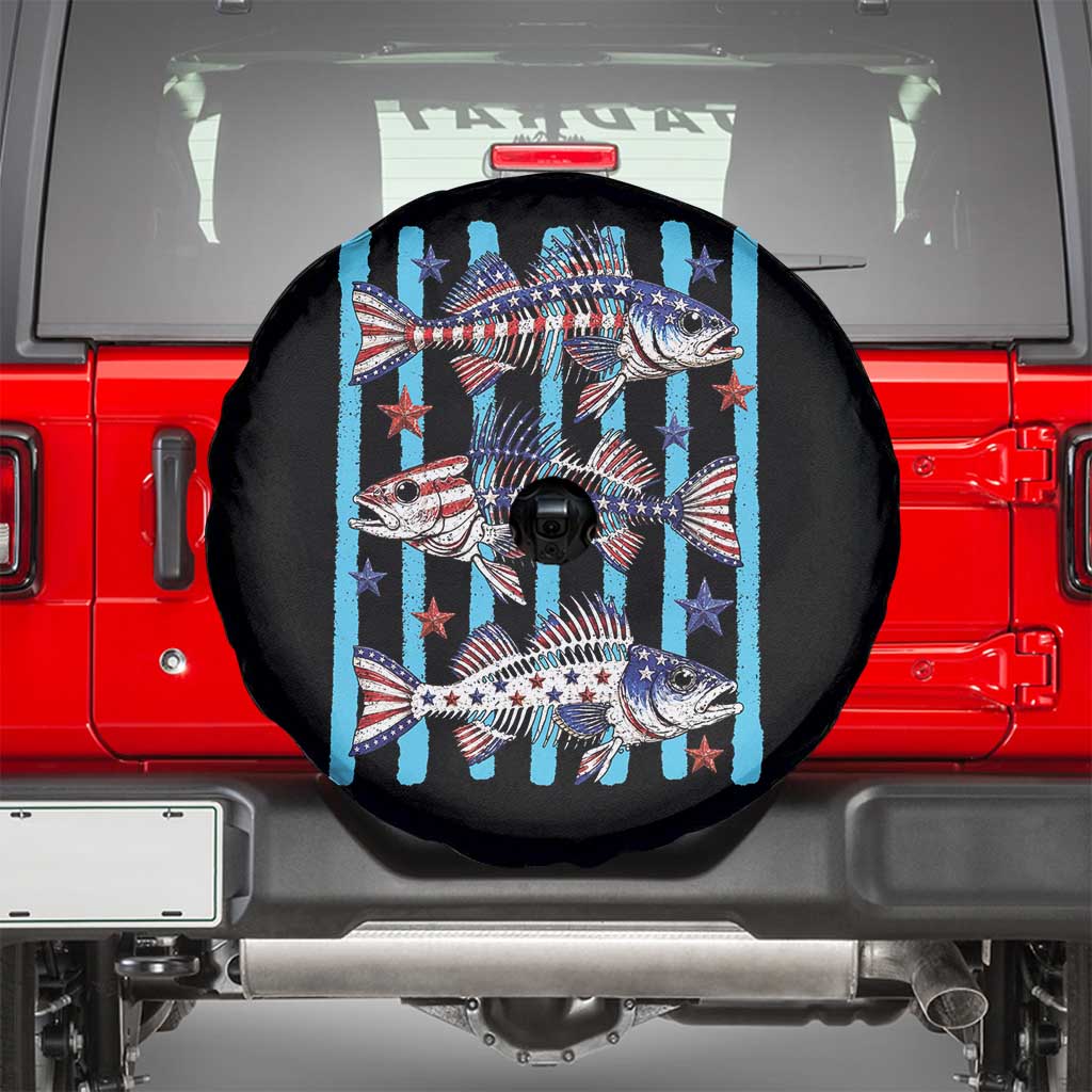 Patriotic Striped Bass Fishing Skeleton Spare Tire Cover USA Flag Angler Gift