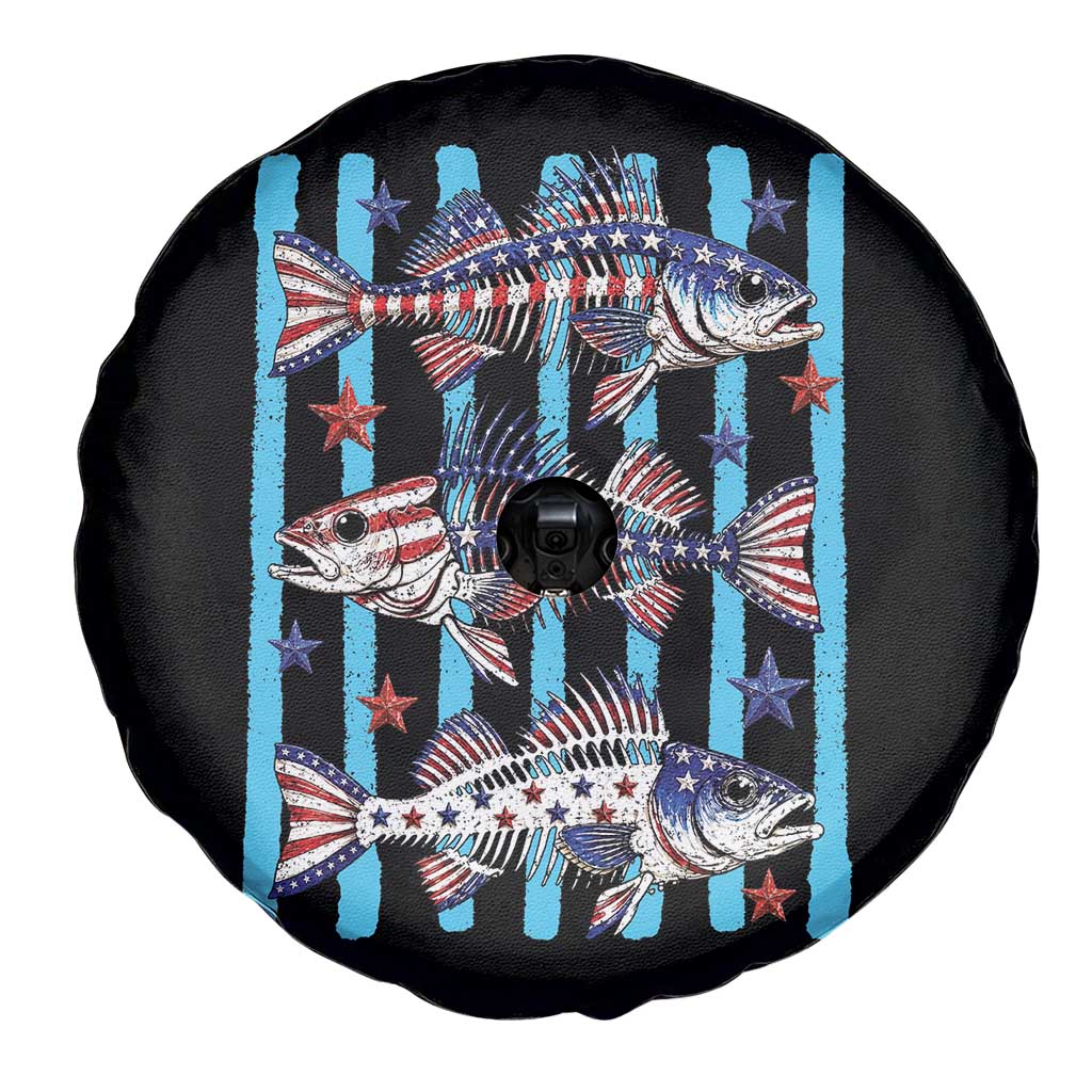 Patriotic Striped Bass Fishing Skeleton Spare Tire Cover USA Flag Angler Gift