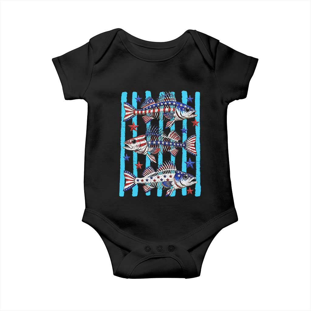 Patriotic Striped Bass Fishing Skeleton Baby Onesie USA Flag Angler Gift