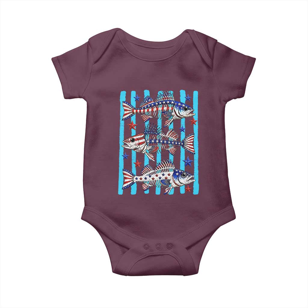 Patriotic Striped Bass Fishing Skeleton Baby Onesie USA Flag Angler Gift