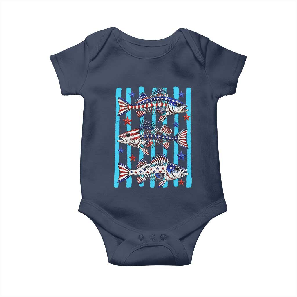Patriotic Striped Bass Fishing Skeleton Baby Onesie USA Flag Angler Gift