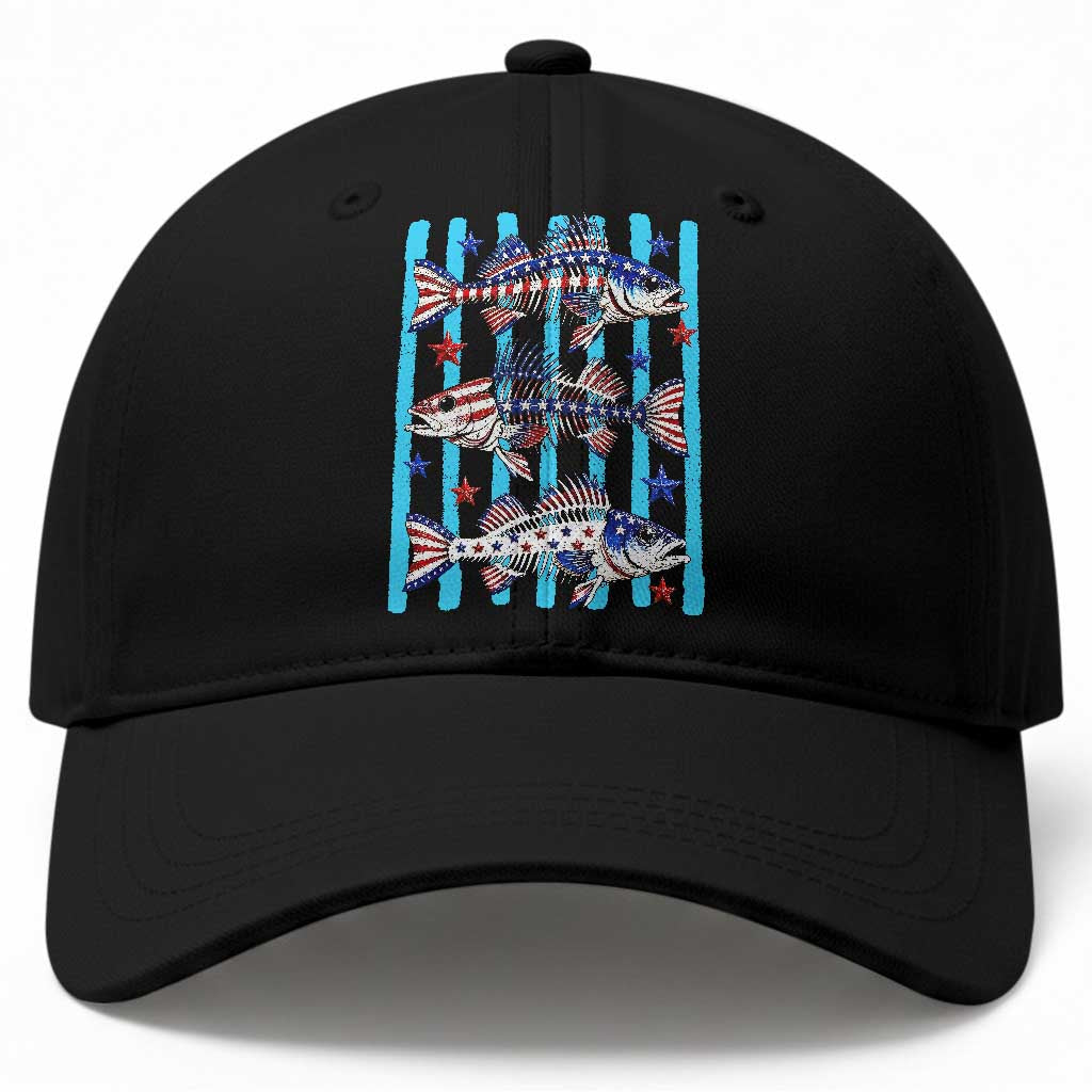 Patriotic Striped Bass Fishing Skeleton Baseball Cap USA Flag Angler Gift