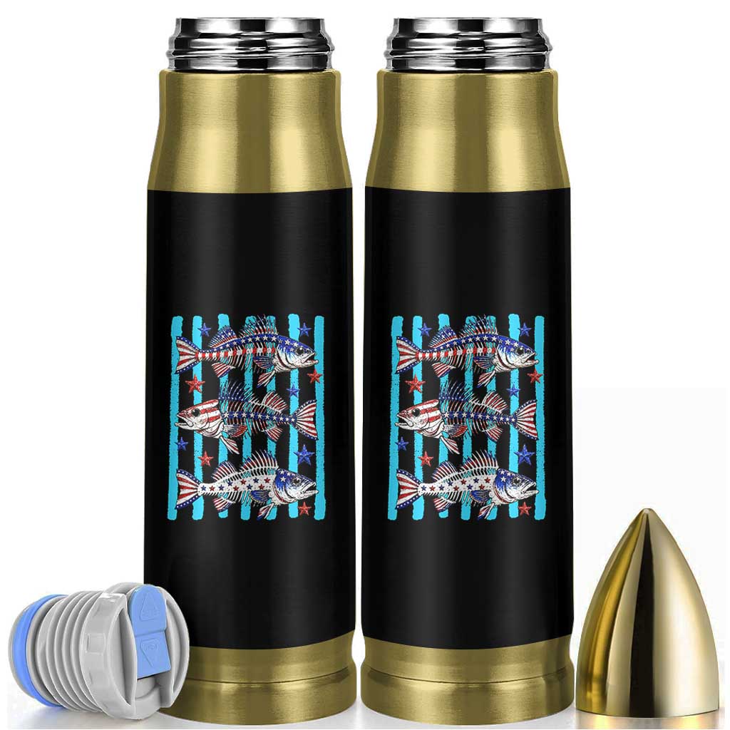 Patriotic Striped Bass Fishing Skeleton Bullet Tumbler USA Flag Angler Gift