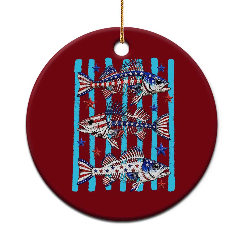 Patriotic Striped Bass Fishing Skeleton Ceramic Ornament USA Flag Angler Gift