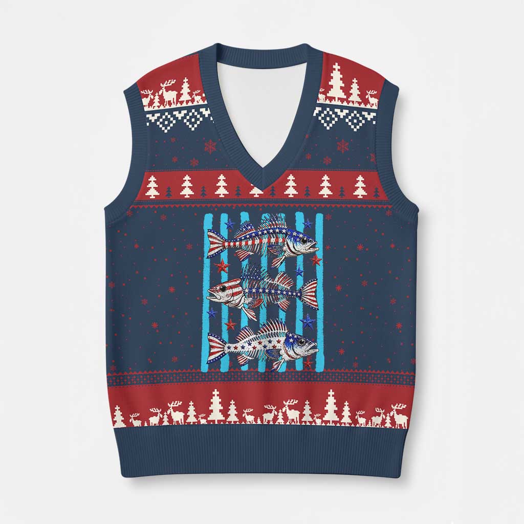Patriotic Striped Bass Fishing Skeleton V-Neck Knit Sweater Vest USA Flag Angler Gift