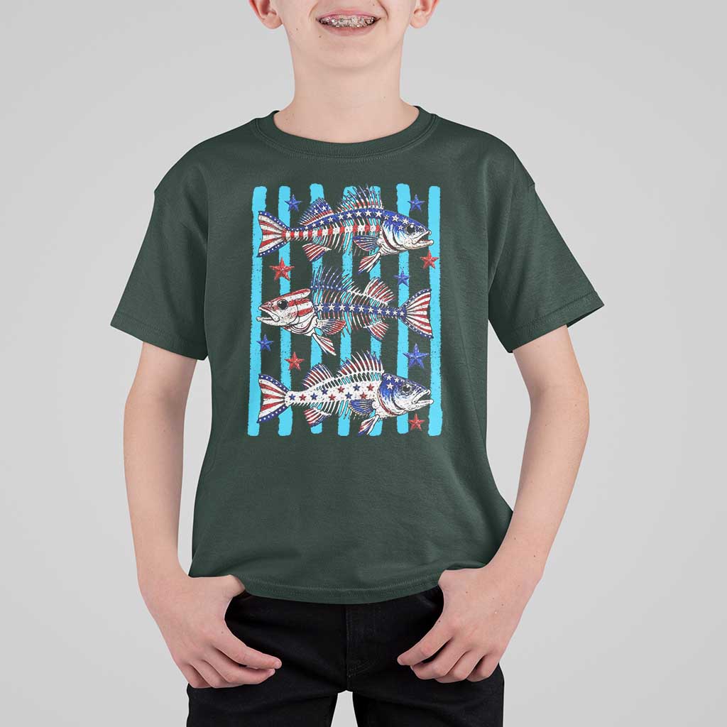 Patriotic Striped Bass Fishing Skeleton T Shirt For Kid USA Flag Angler Gift