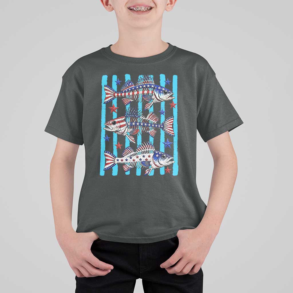 Patriotic Striped Bass Fishing Skeleton T Shirt For Kid USA Flag Angler Gift