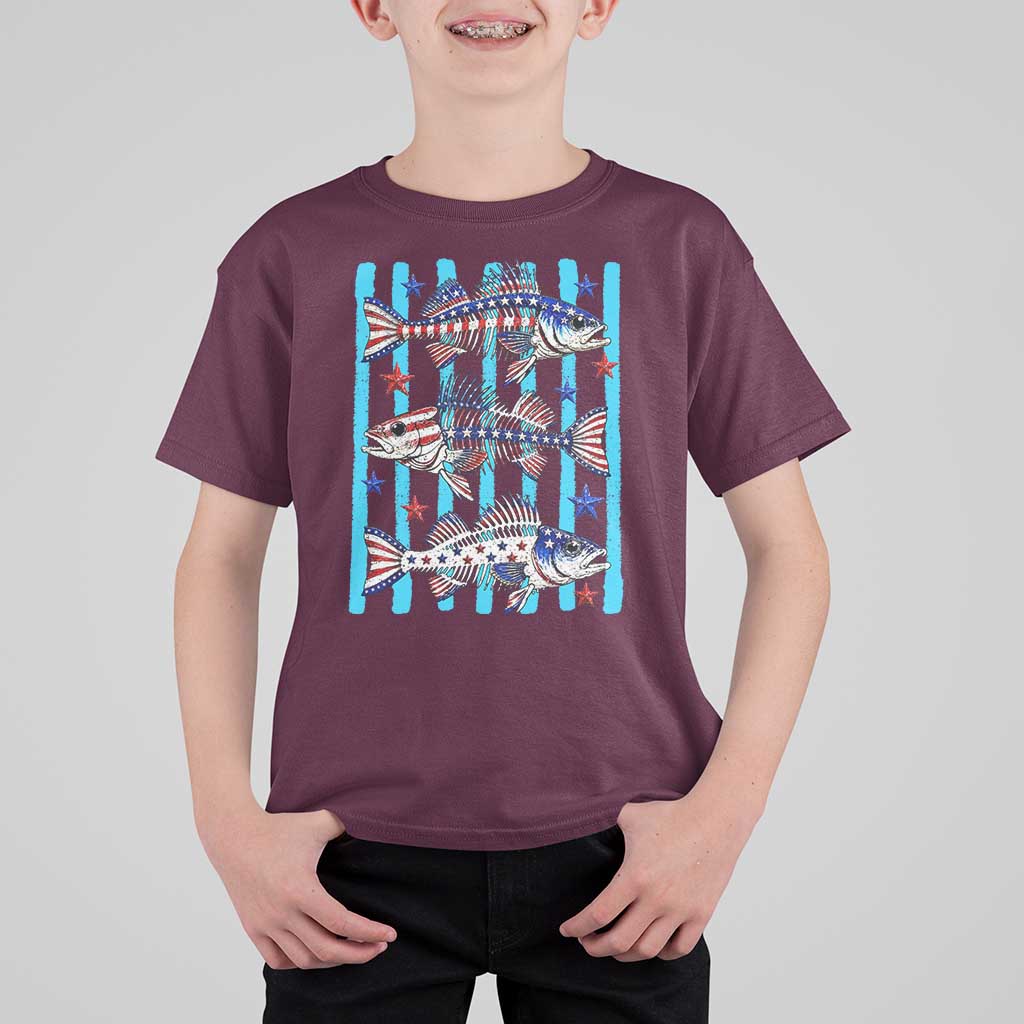 Patriotic Striped Bass Fishing Skeleton T Shirt For Kid USA Flag Angler Gift
