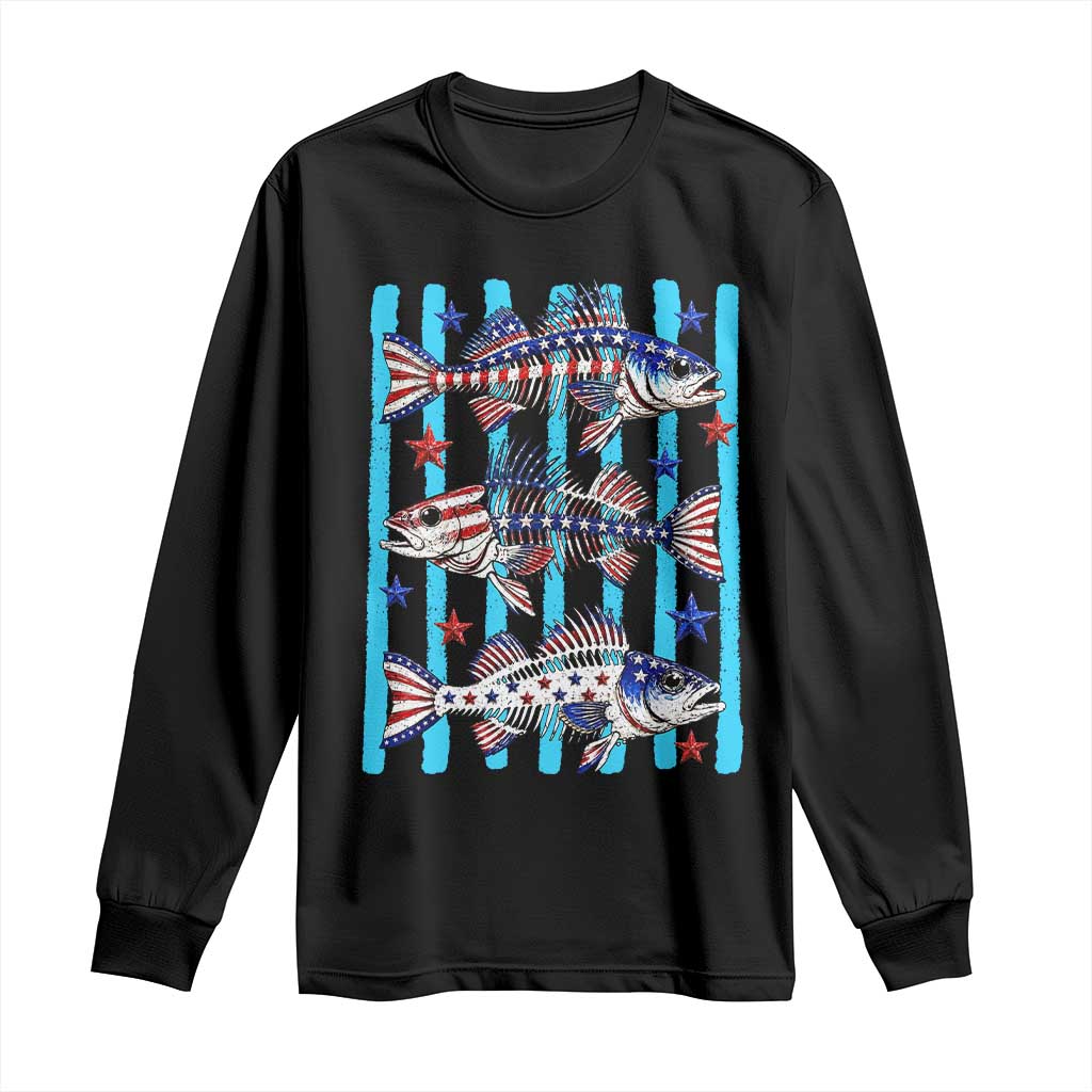 Patriotic Striped Bass Fishing Skeleton Long Sleeve Shirt USA Flag Angler Gift