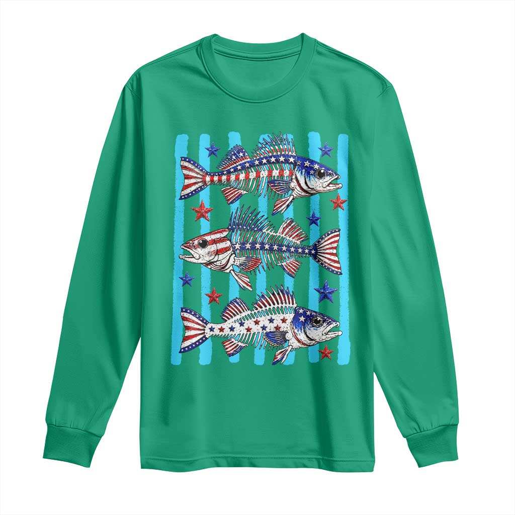 Patriotic Striped Bass Fishing Skeleton Long Sleeve Shirt USA Flag Angler Gift