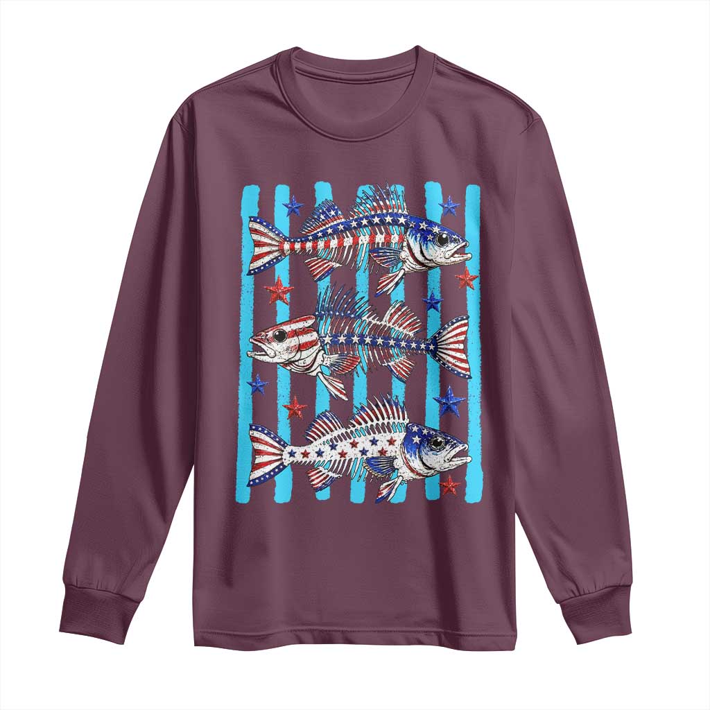 Patriotic Striped Bass Fishing Skeleton Long Sleeve Shirt USA Flag Angler Gift