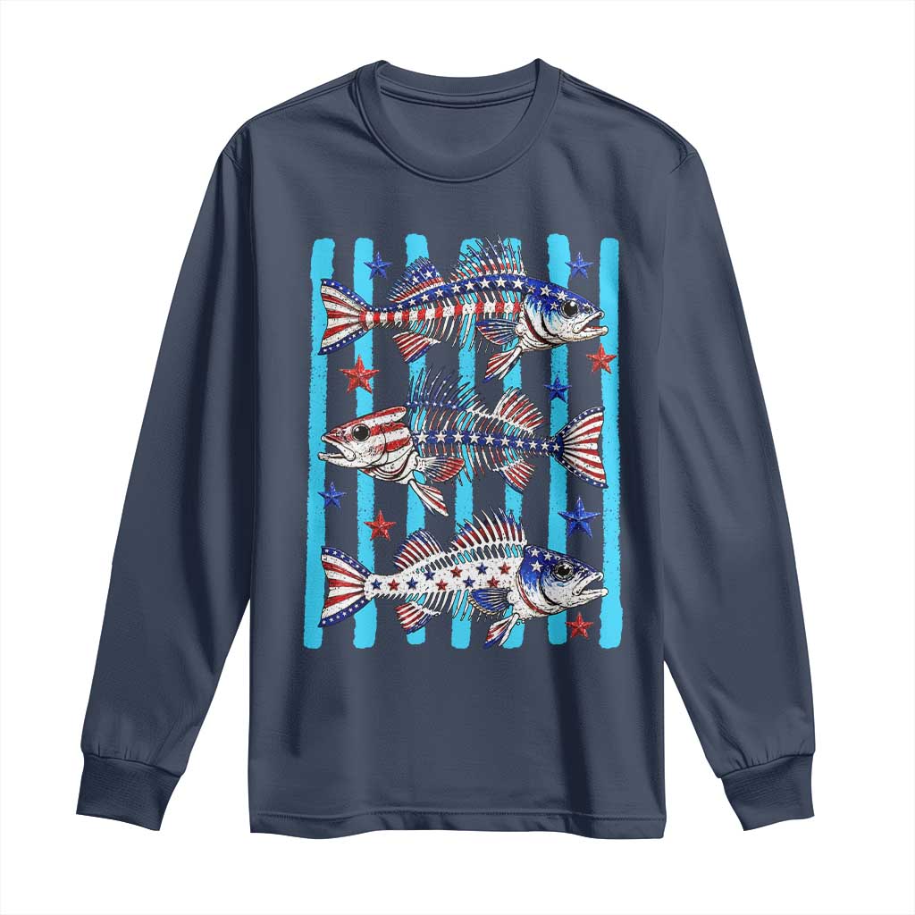 Patriotic Striped Bass Fishing Skeleton Long Sleeve Shirt USA Flag Angler Gift