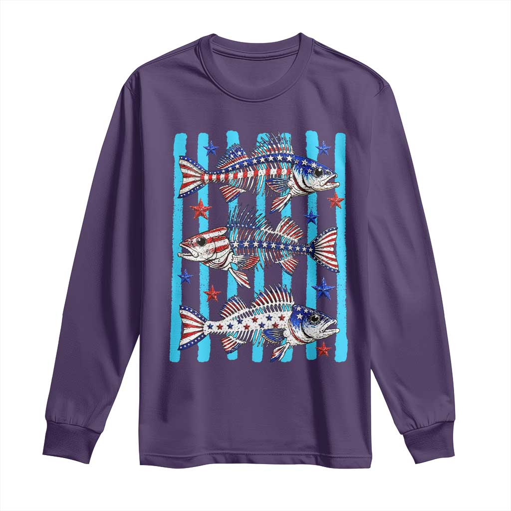 Patriotic Striped Bass Fishing Skeleton Long Sleeve Shirt USA Flag Angler Gift