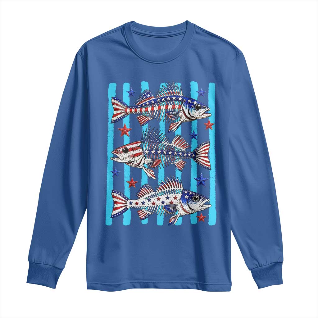 Patriotic Striped Bass Fishing Skeleton Long Sleeve Shirt USA Flag Angler Gift