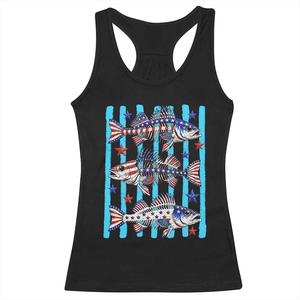 Patriotic Striped Bass Fishing Skeleton Racerback Tank Top USA Flag Angler Gift