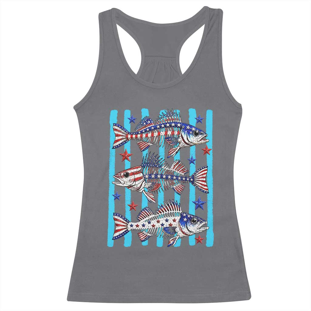 Patriotic Striped Bass Fishing Skeleton Racerback Tank Top USA Flag Angler Gift