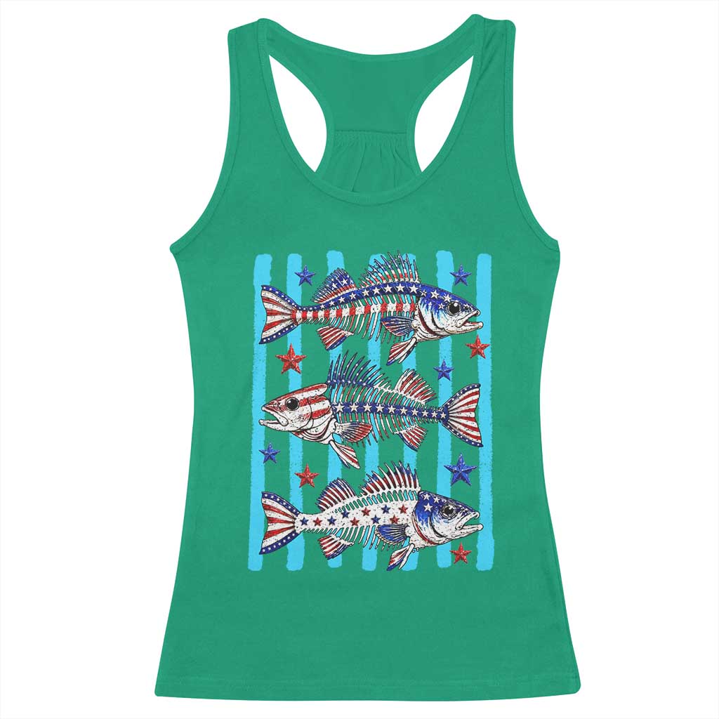 Patriotic Striped Bass Fishing Skeleton Racerback Tank Top USA Flag Angler Gift