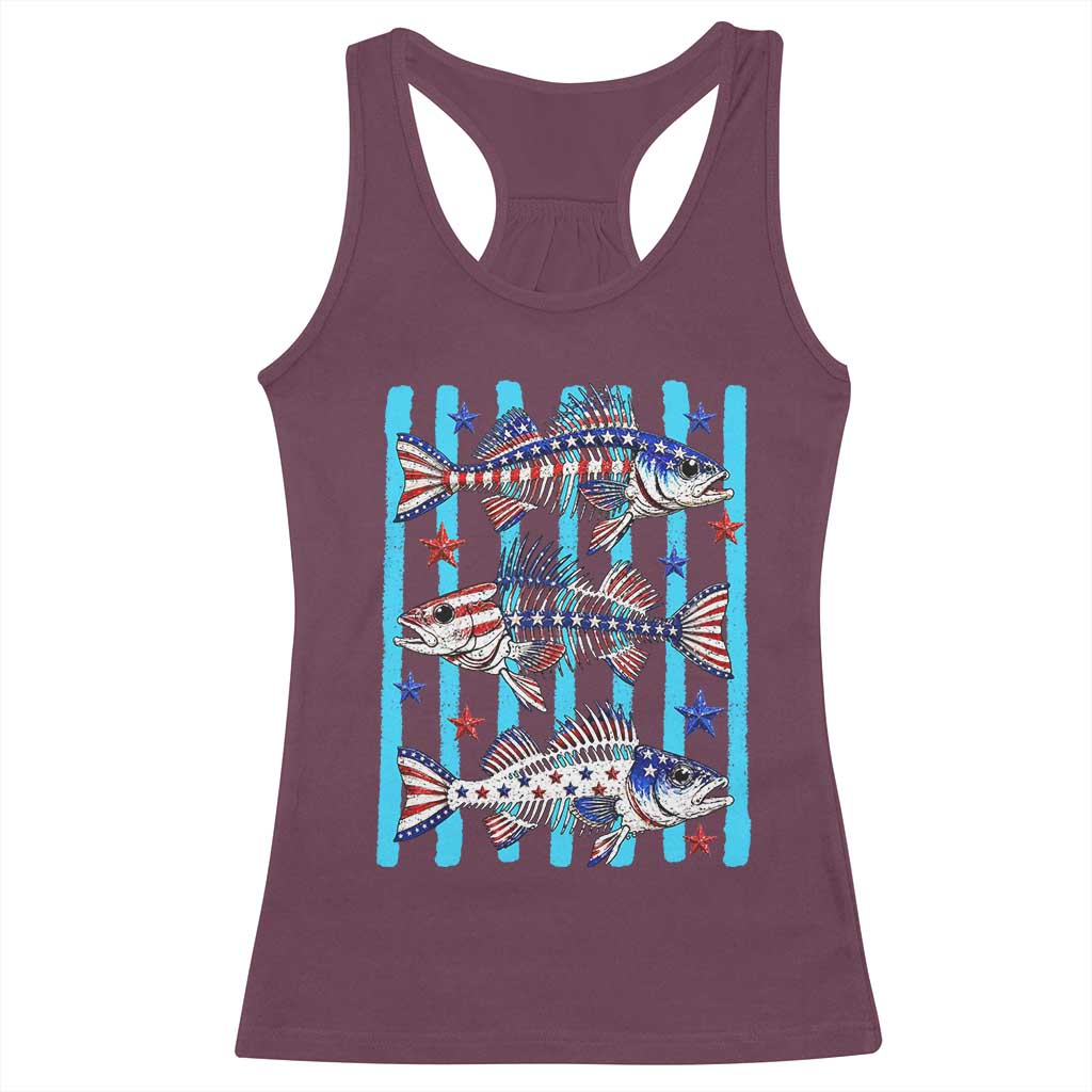 Patriotic Striped Bass Fishing Skeleton Racerback Tank Top USA Flag Angler Gift