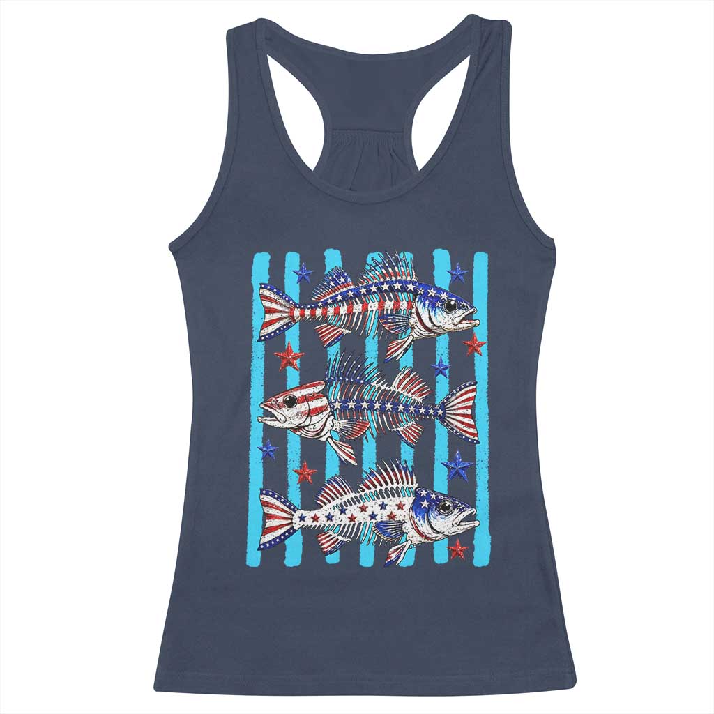 Patriotic Striped Bass Fishing Skeleton Racerback Tank Top USA Flag Angler Gift